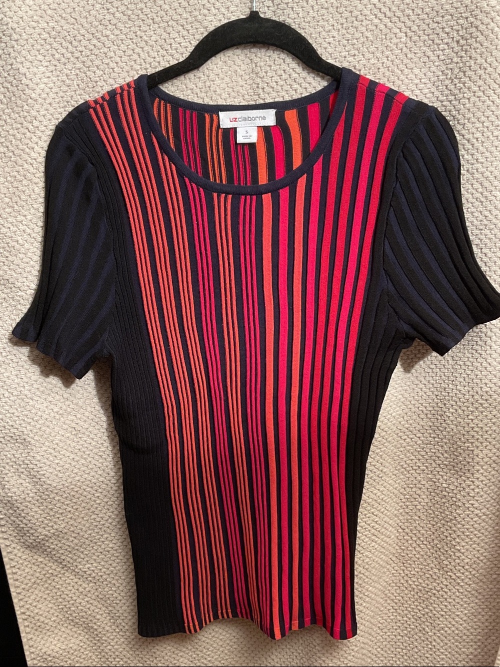 Liz Claiborne Black&Blue Top with Red & Orange Vertical Stripes